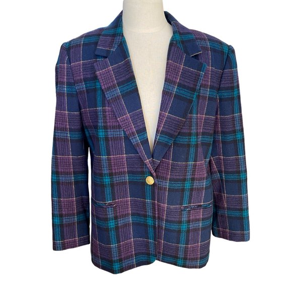Southern Lady Vintage Oversize Wool Blend Tartan Plaid Blazer Fall Aesthetic-16P - Picture 7 of 12